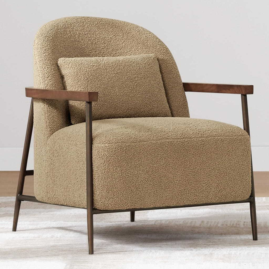 CHITA Accent Chair Set of 2, Sherpa Armchair with Wooden Armrest, Camel