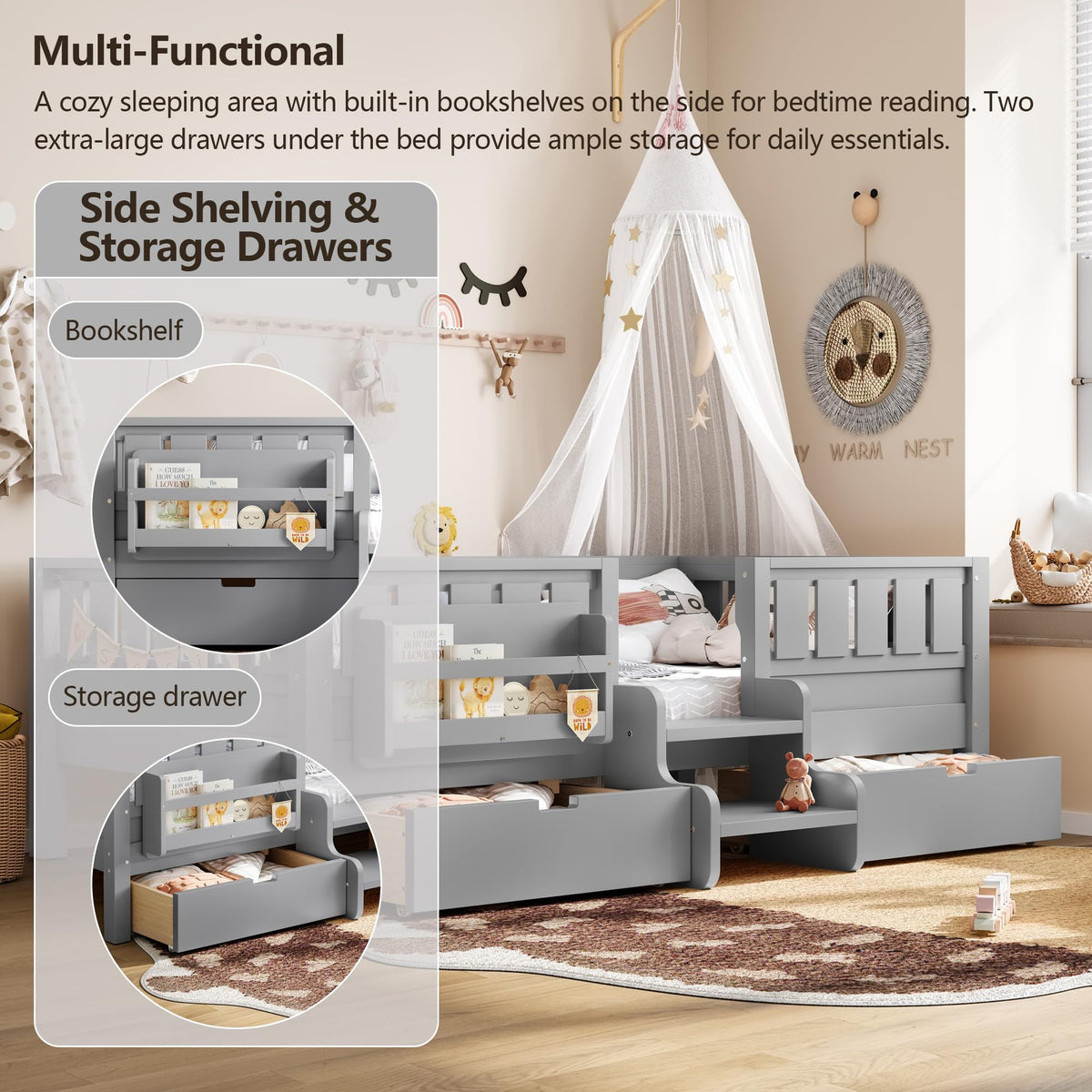 Montessori Bed with Stairs, Bookshelf & Storage Drawers