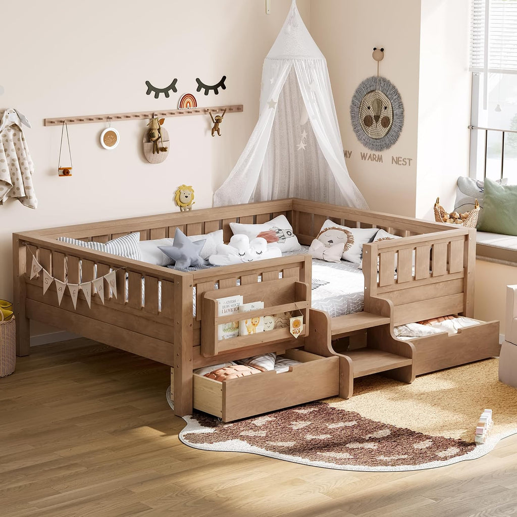 Montessori Bed with Stairs, Bookshelf & Storage Drawers