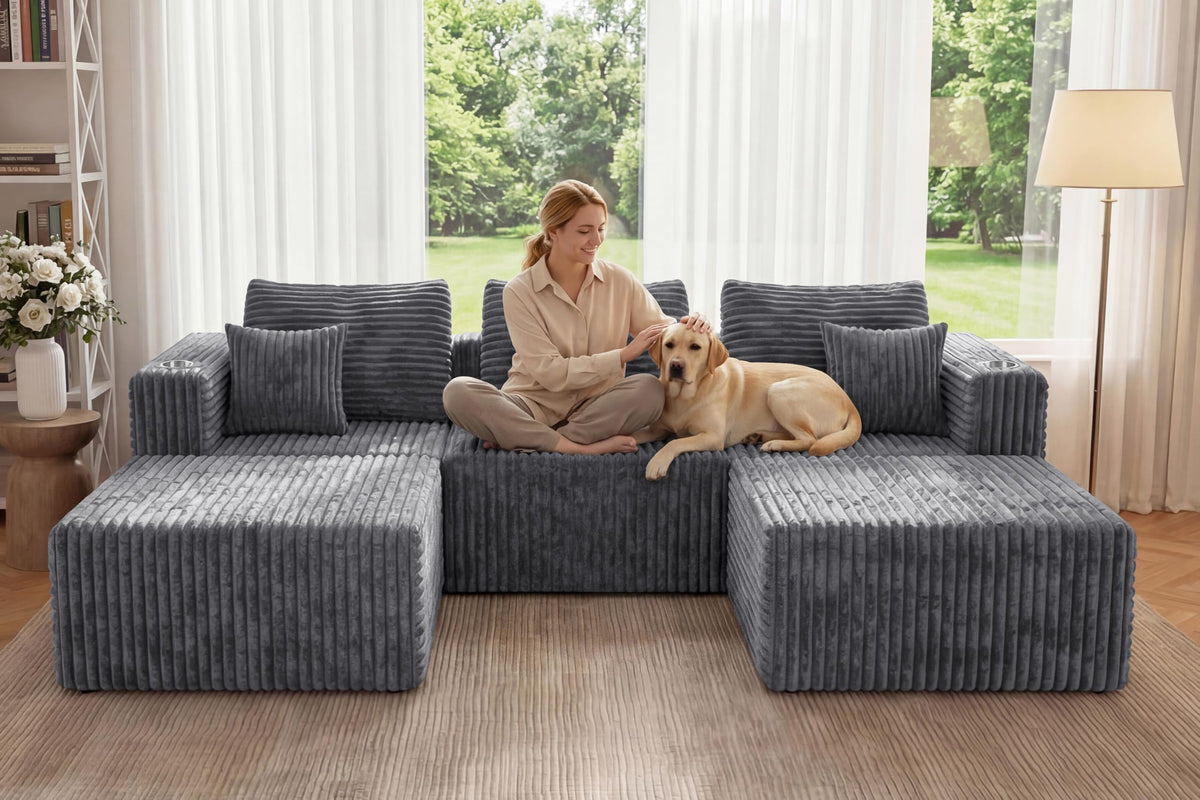 Modular Boneless Loveseat Sectional Cloud Sofa Comfy Deep Seat Corduroy Small Couch