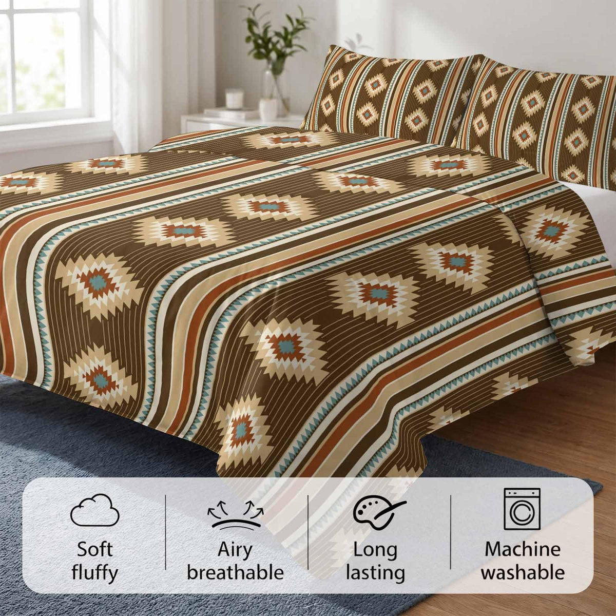 3 Pieces Duvet Cover Queen Bedding Sets Western Ethnic Brown Geometric Luxury Soft