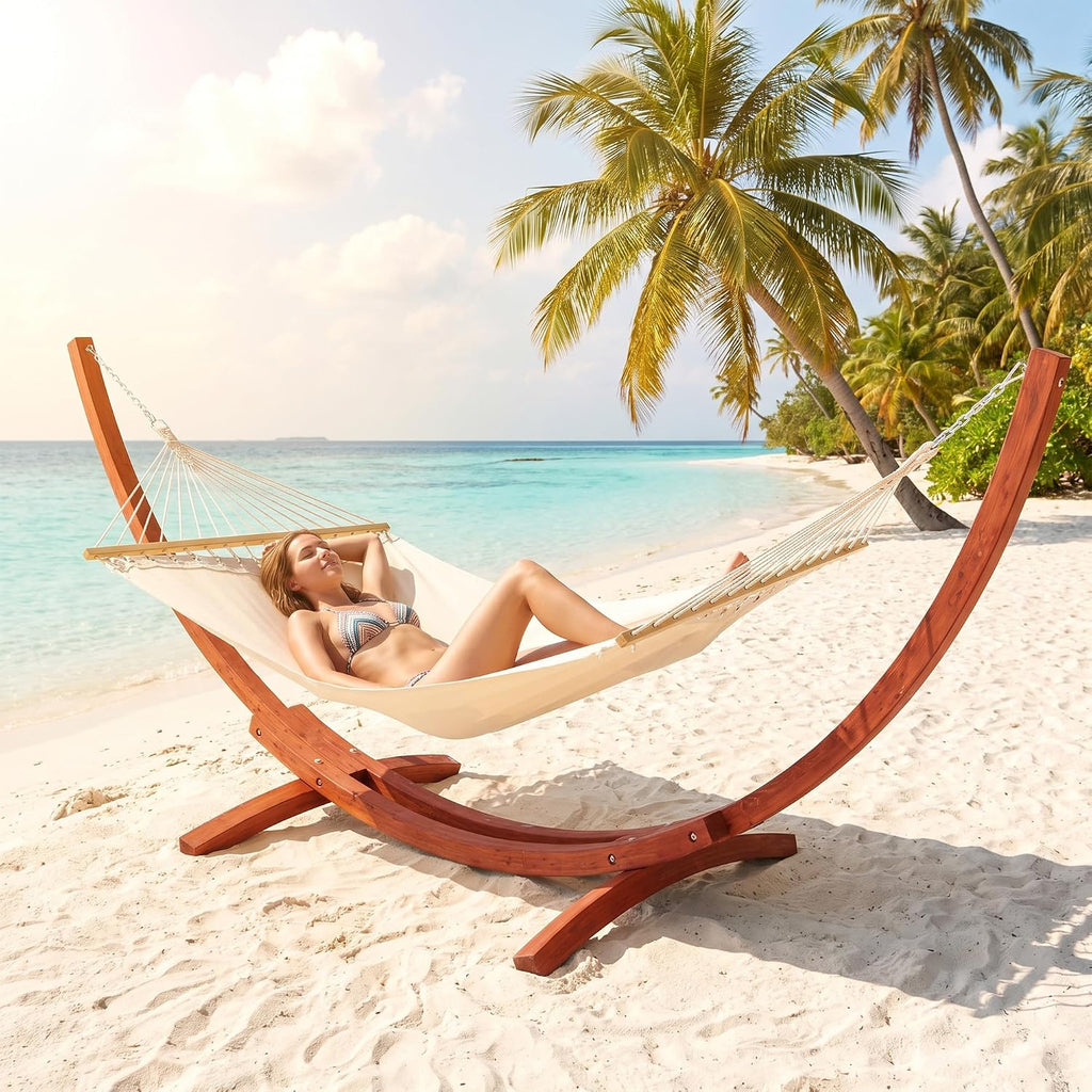 ECOTOUGE 14FT Wooden Double Hammock with Stand 2 Person Heavy Duty