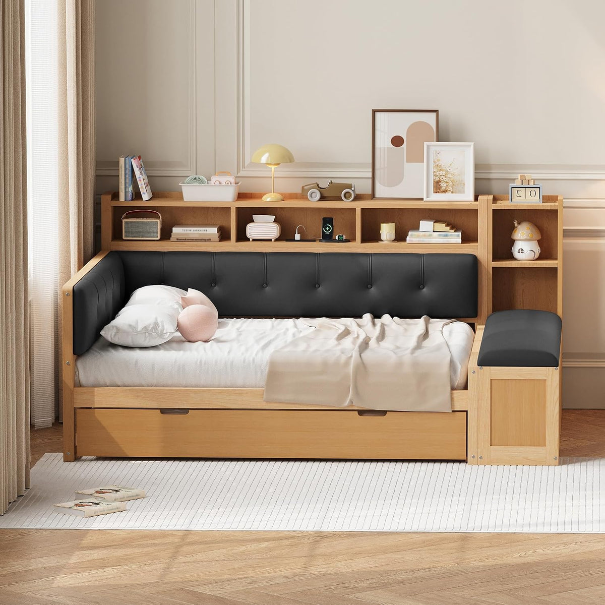 Full Daybed with Trundle, Bookcase & Charging Station