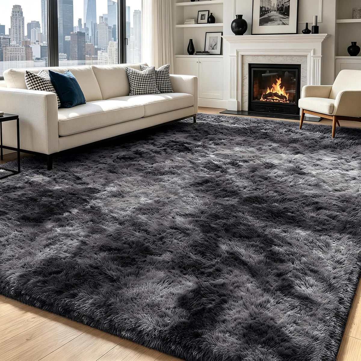 Mottled Beige 9x12 Area Rugs for Living Room, Fluffy Shag Rug Large Carpet