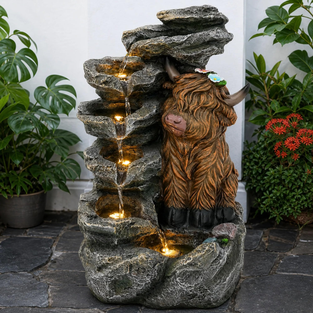 23" H Tiki Statue Outdoor Water Fountain with LED Lights
