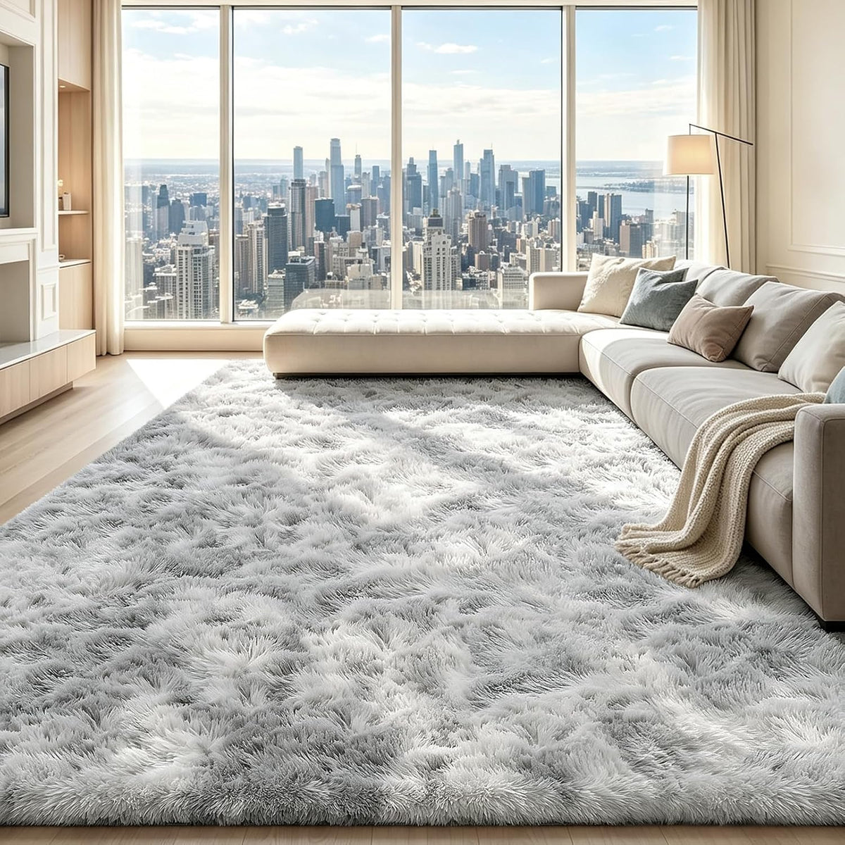 Mottled Beige 9x12 Area Rugs for Living Room, Fluffy Shag Rug Large Carpet