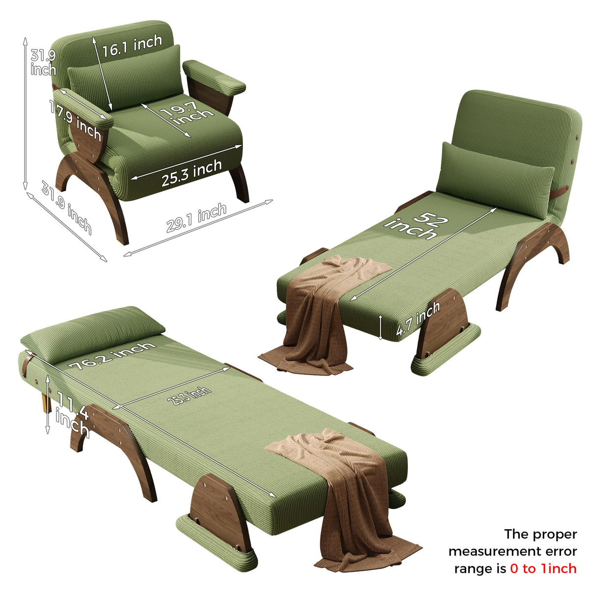 JASIWAY 47" 3-in-1 Convertible Sofa Sleeper Chair Bed for Adults, Futon