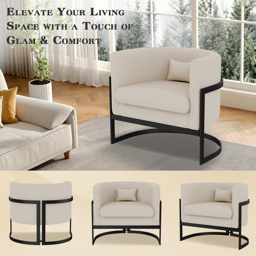 Velvet Accent Chair Ivory Modern Barrel Chair with Gold Legs