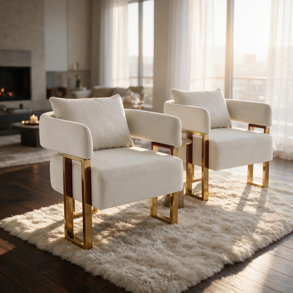 Upholstered Barrel Accent Chairs with Gold Legs – Set of 2