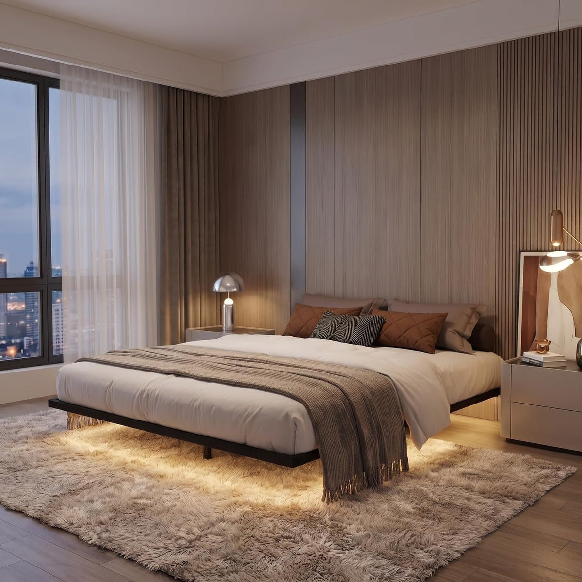 Floating Bed Frame King Size with Smart LED Lights and Charging Station