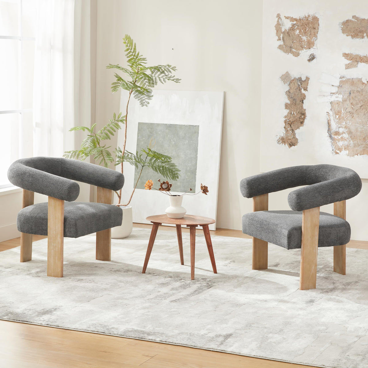 VKNOW Barrel Accent Chairs Set of 2 with Armrests and Rubberwood Legs