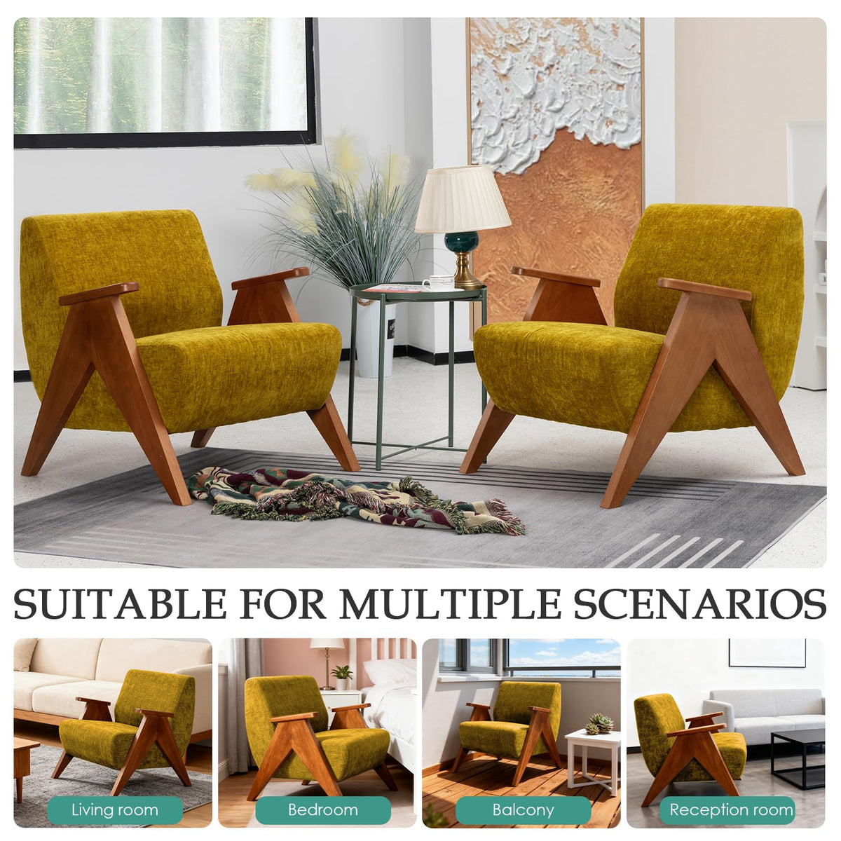 2 Pcs Home Accent Chair Mid Century Modern Accent Chair with Wood Frame