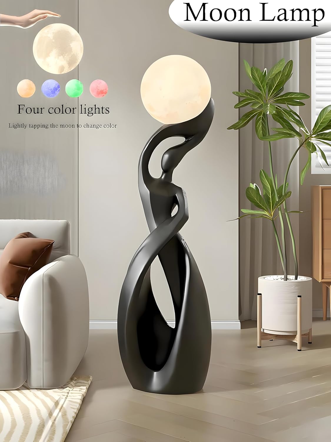 Modern Floor Lamp, Black Floor Lamps, Bedside Lamp with 3D Moon Lights