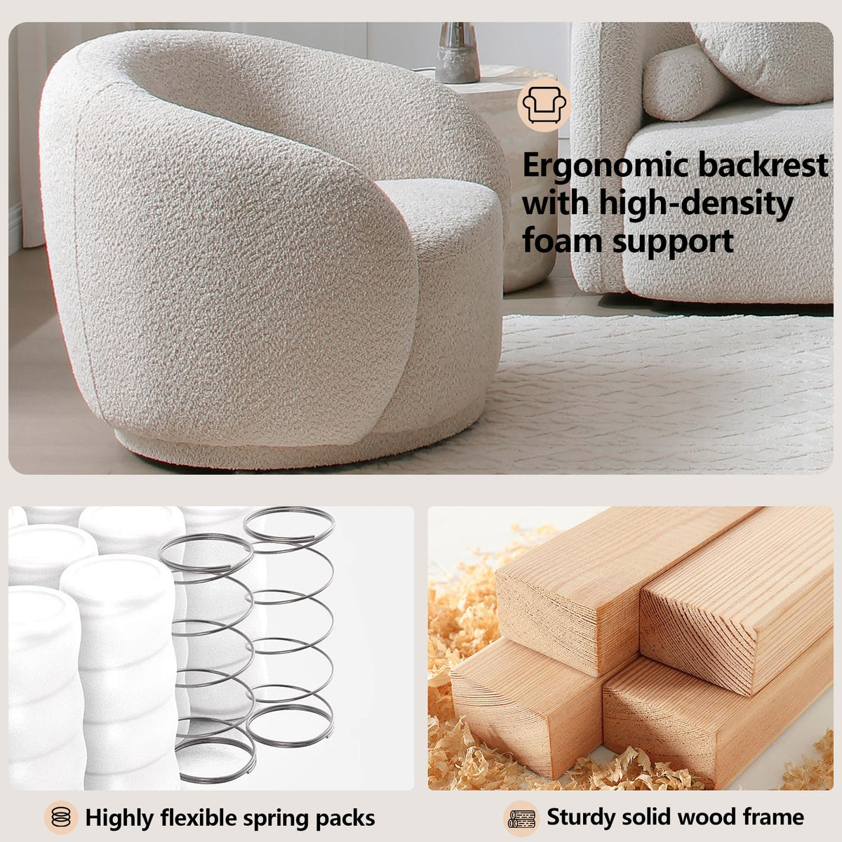 Oversized Boucle Accent Chair, Cream White Sherpa Wingback Chair