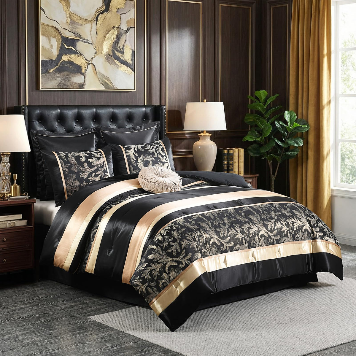 CozyDH Black Gold Jacquard Comforter Set California King, 7PCS Bed in a Bag