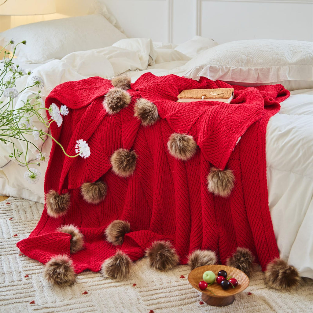 Cable-Knit Pom-Pom Throw Blanket