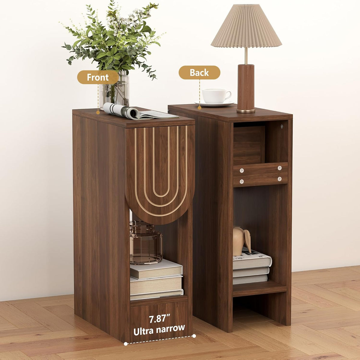 Narrow Carved Wood Nightstands, Set of Two