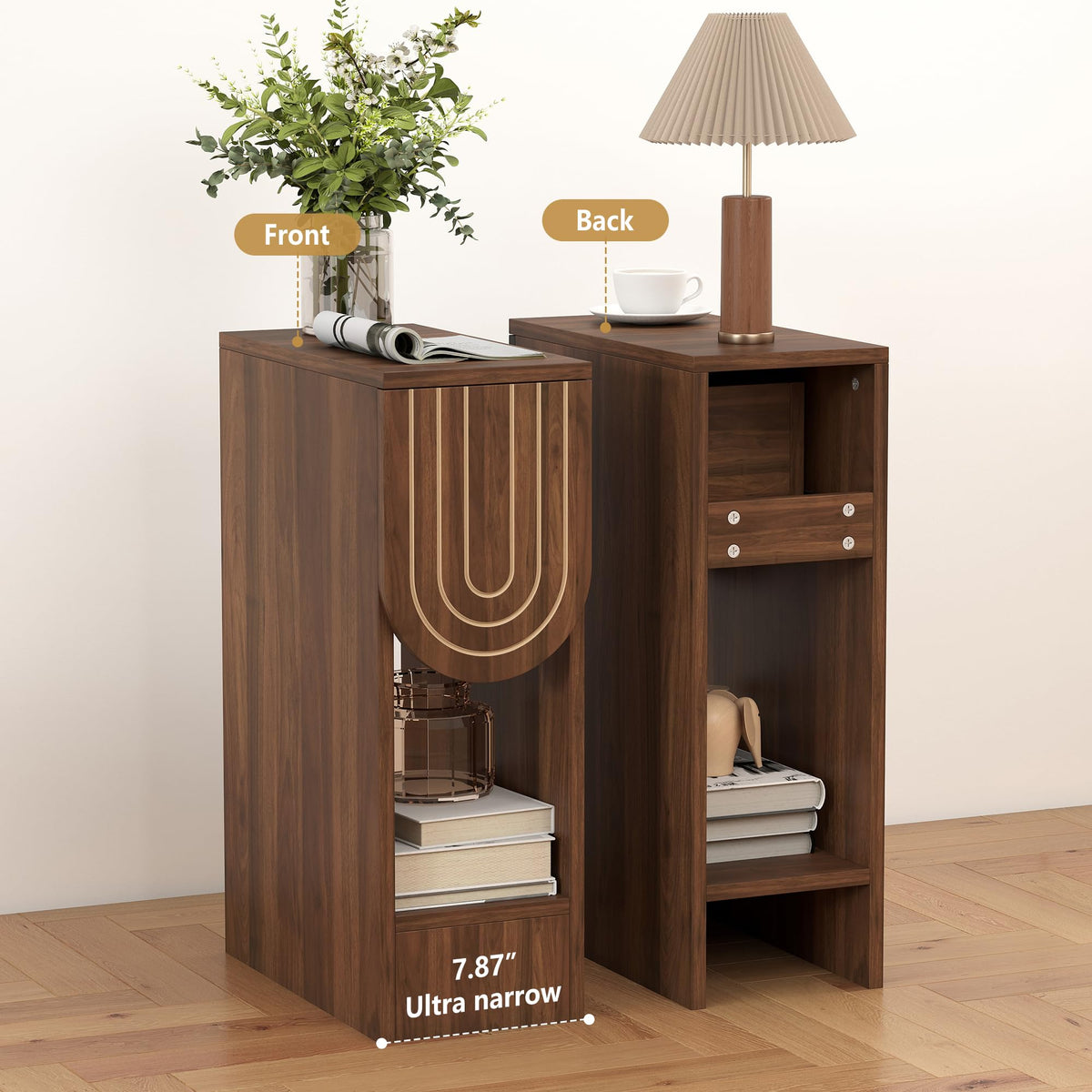 Narrow Carved Wood Nightstands, Set of Two