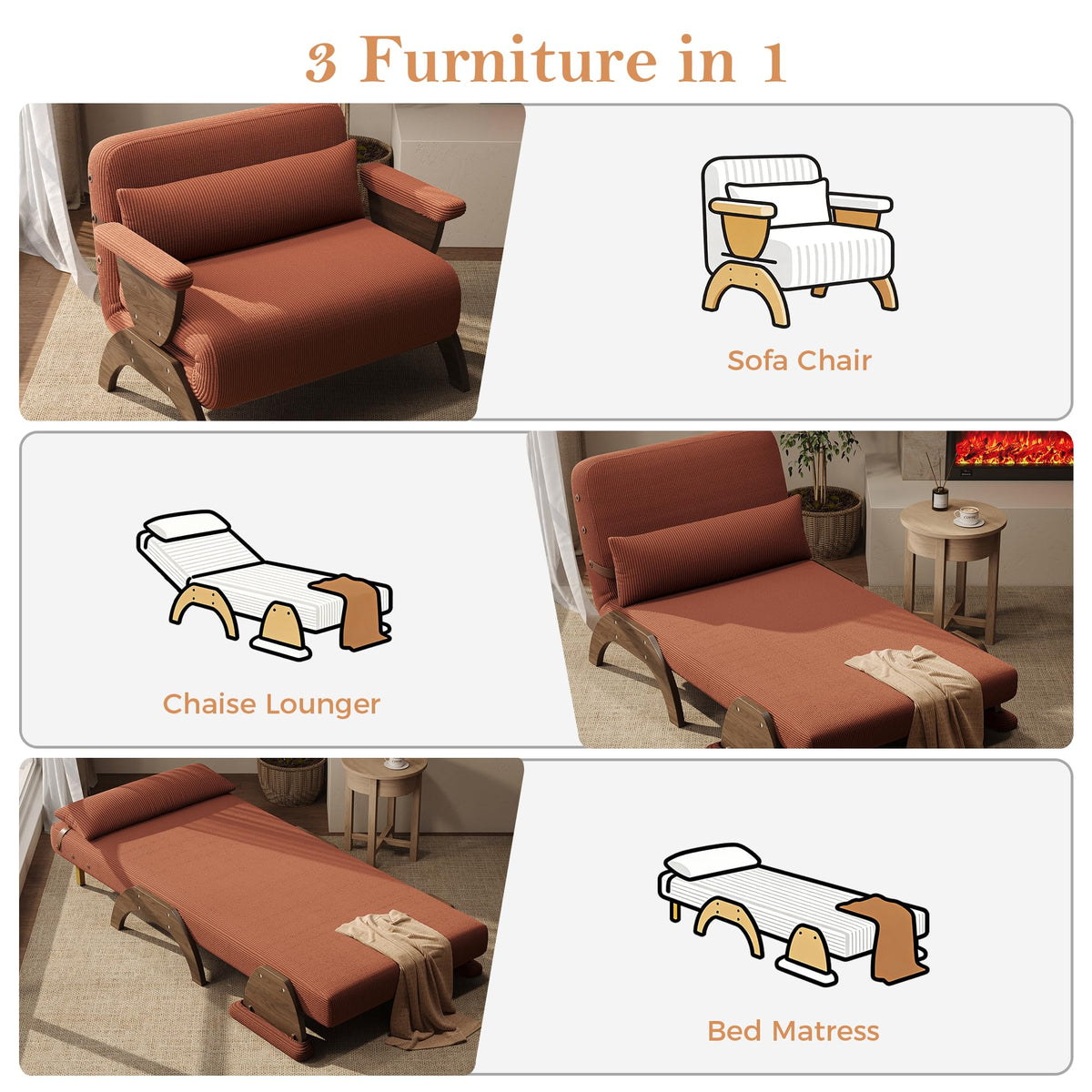 JASIWAY 47" 3-in-1 Convertible Sofa Sleeper Chair Bed for Adults, Futon