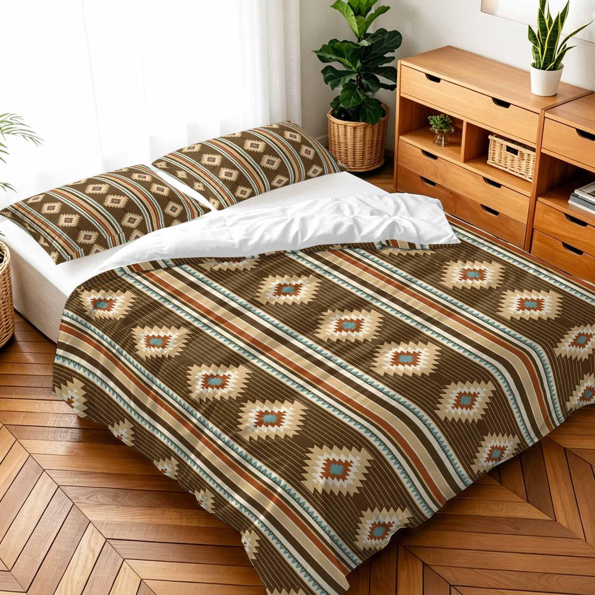 3 Pieces Duvet Cover Queen Bedding Sets Western Ethnic Brown Geometric Luxury Soft