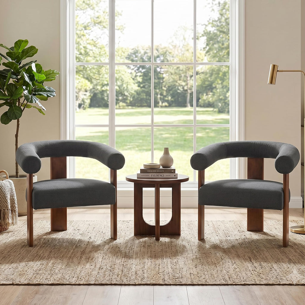 Usaint Upholstered Barrel Accent Chair with Walnut Wood Legs and Armrests