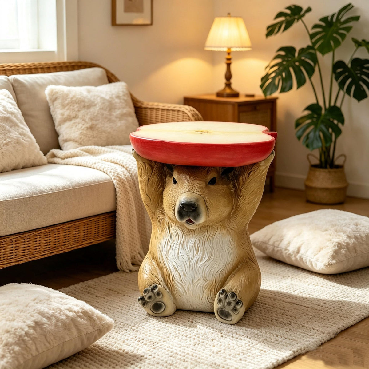 13.4" Cute Pig Side Table w/ Watermelon Top, Resin Plant Stand, Pink+Red