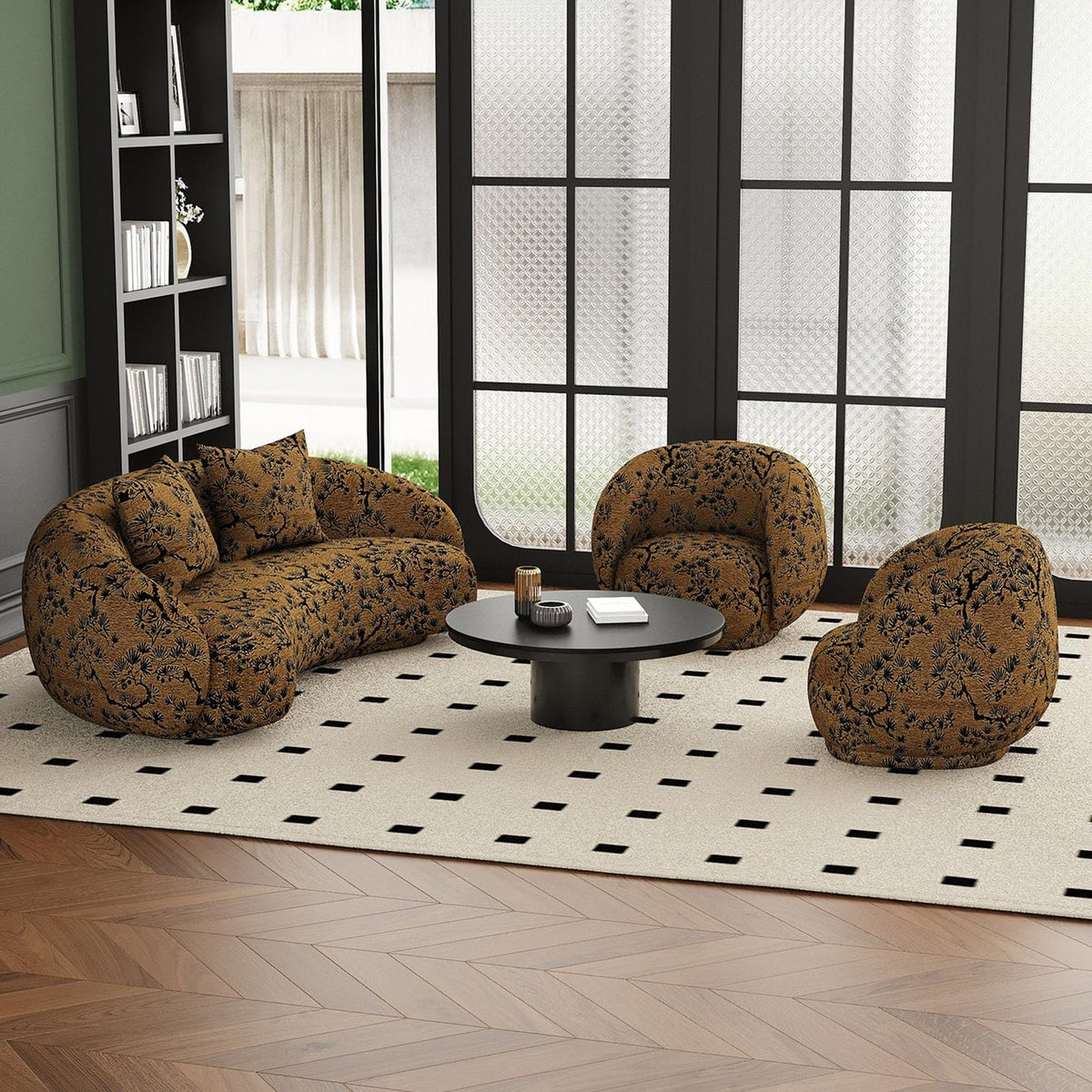 Mid-Century Modern Lounge Chair and Table Set, Tufted Fabric Sofa with Marble Tabletop for Hotel Lobby, Cafe, Reception(M)