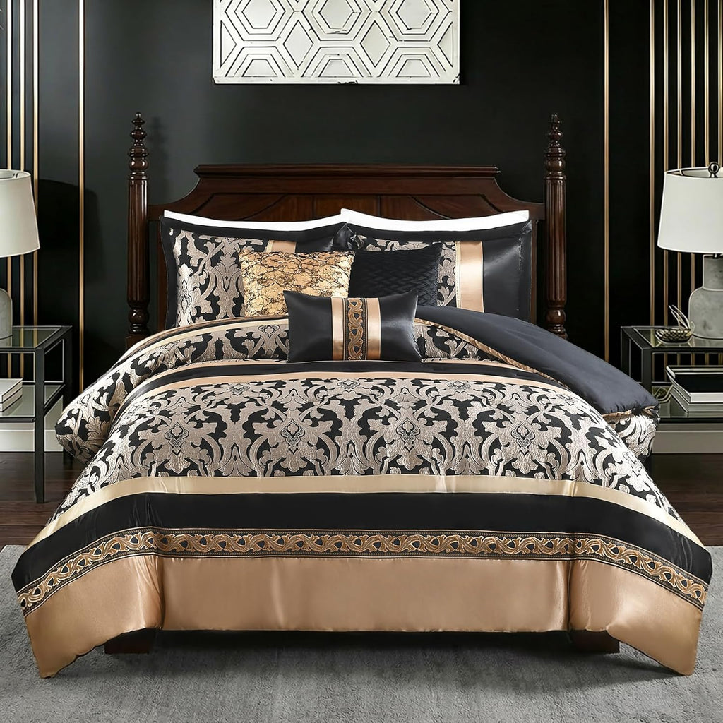 CozyDH Black Gold Jacquard Comforter Set California King, 7PCS Bed in a Bag