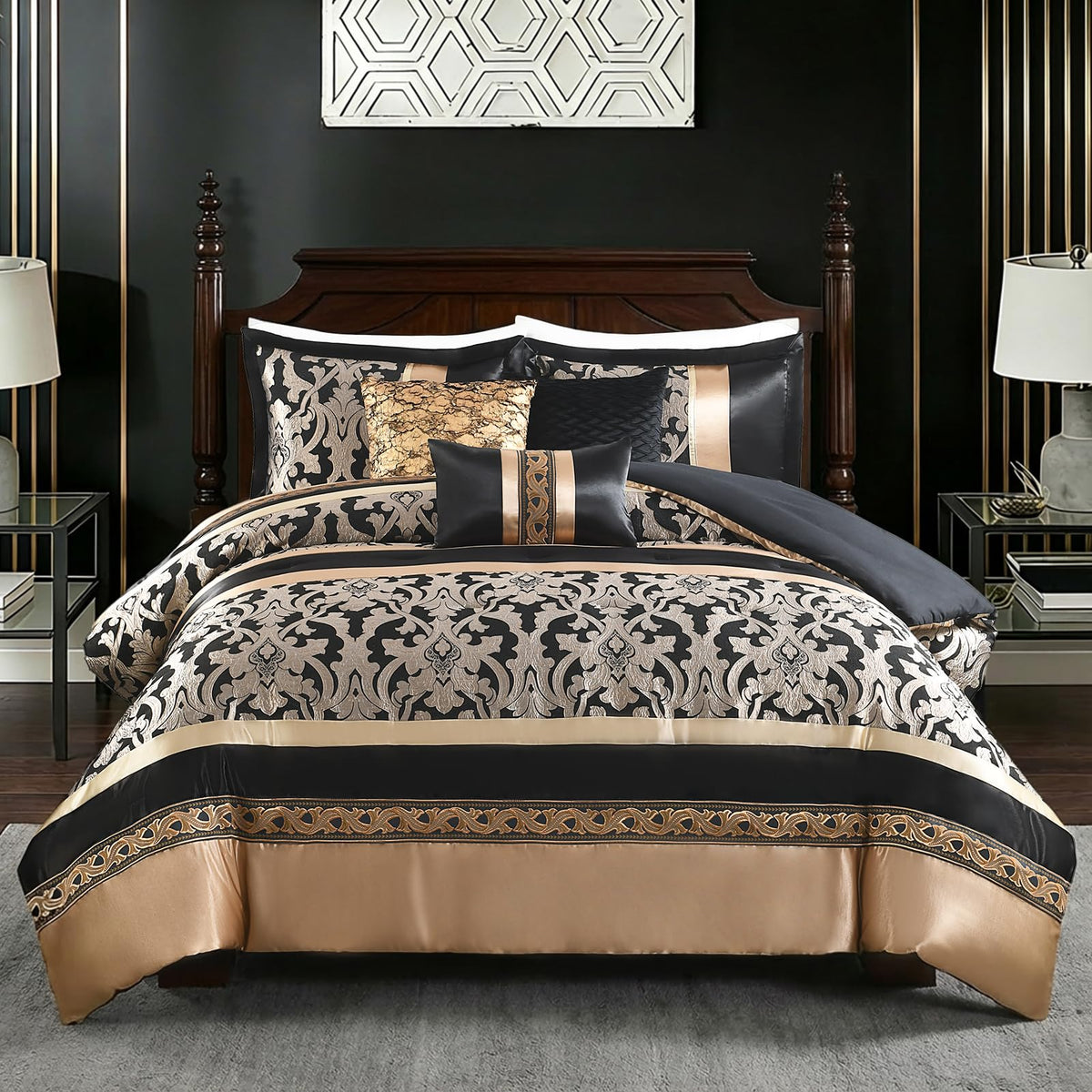 CozyDH Black Gold Jacquard Comforter Set California King, 7PCS Bed in a Bag