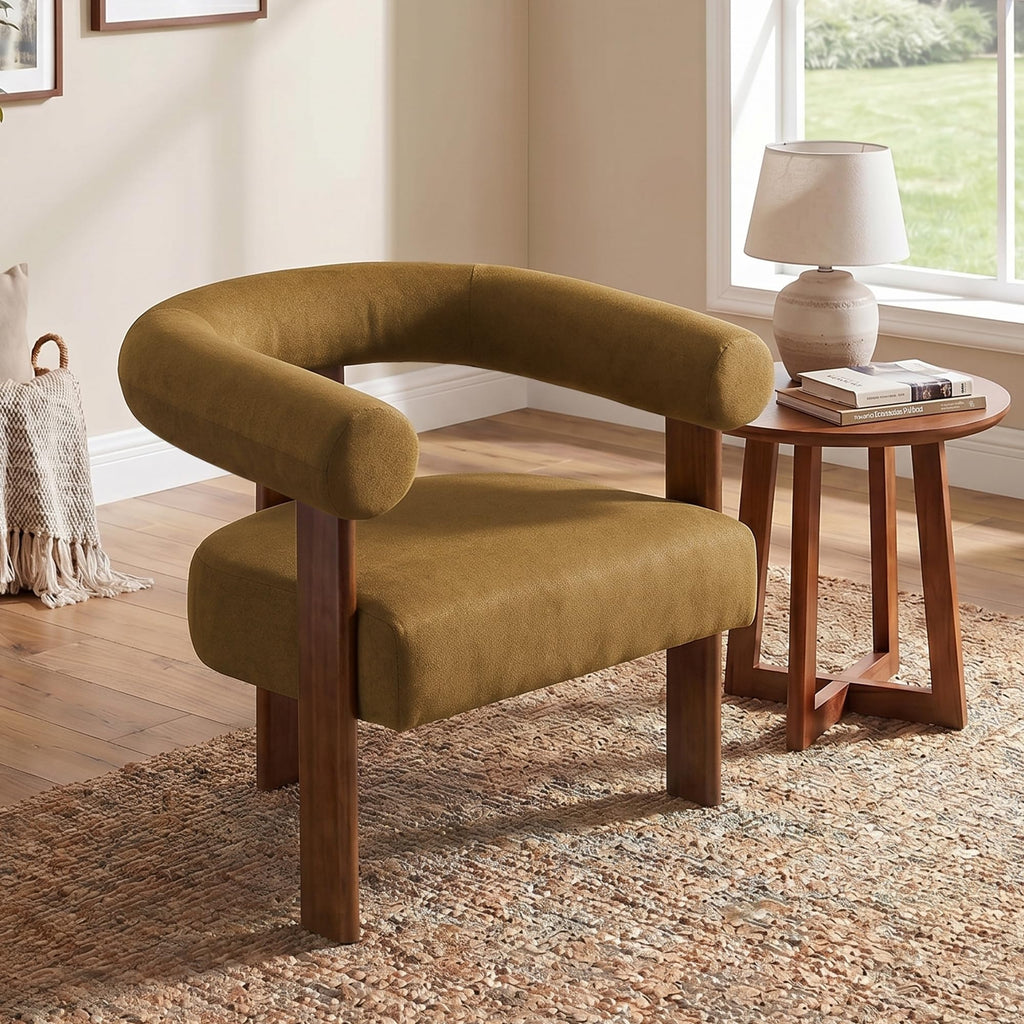 Usaint Upholstered Barrel Accent Chair with Walnut Wood Legs and Armrests