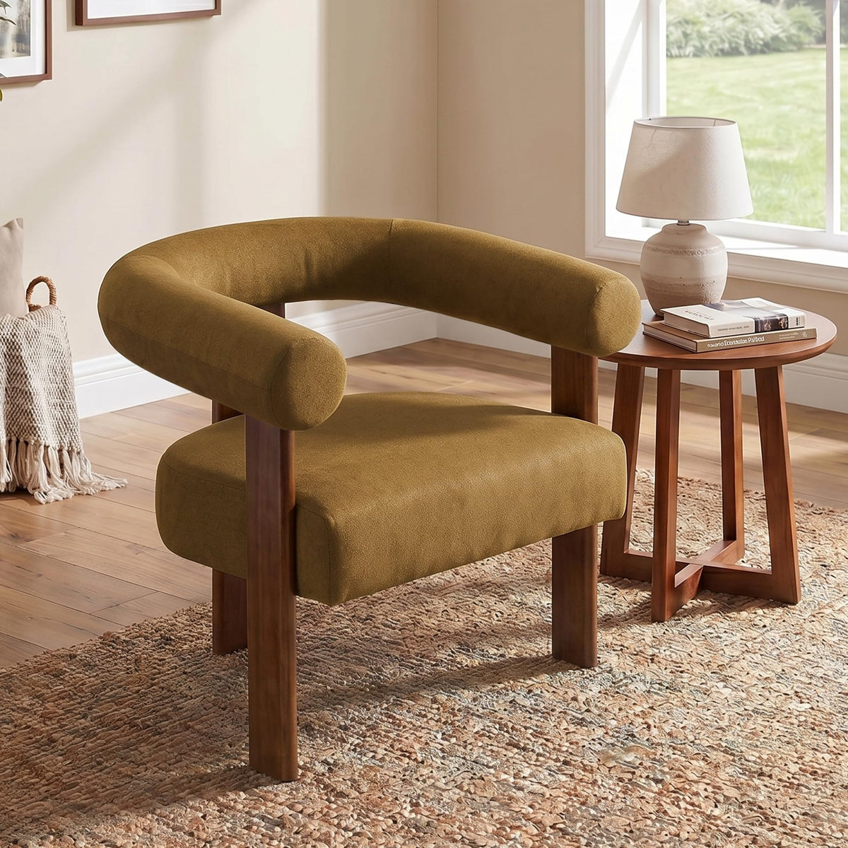 Usaint Upholstered Barrel Accent Chair with Walnut Wood Legs and Armrests