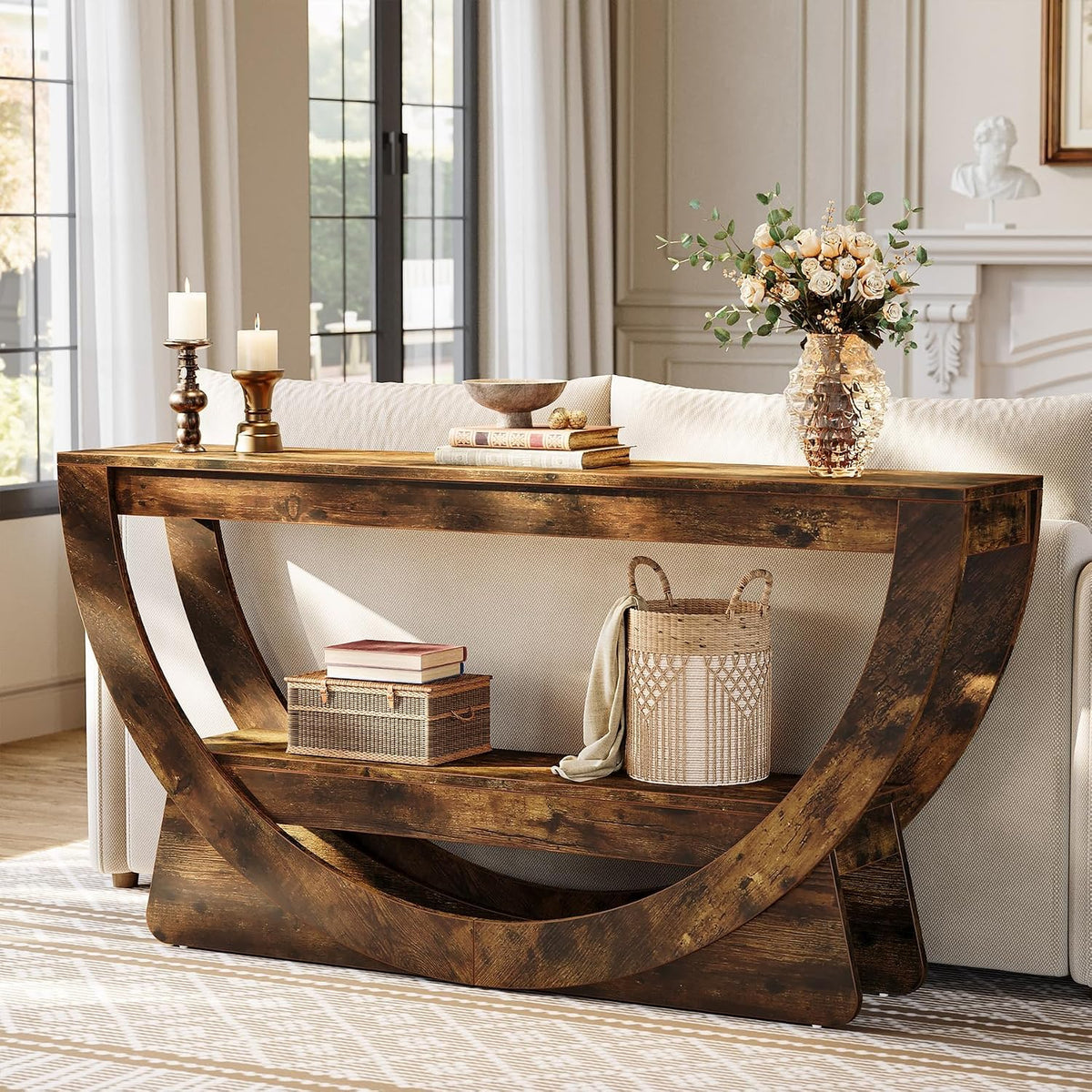63-Inch Farmhouse Console Table with Storage Shelves