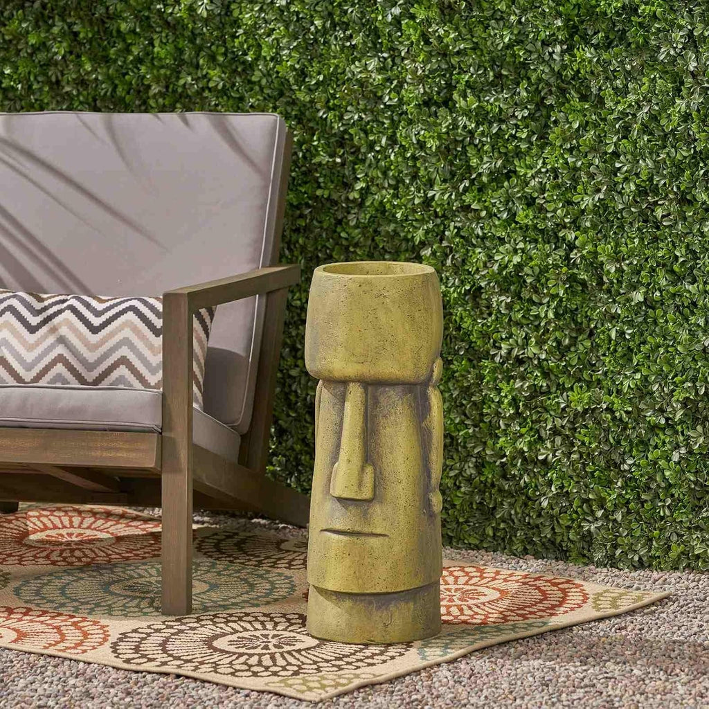 24 Inch Statue Planter, Antique Green Easter Island Head Urn with Weather-Resistant Magnesium Oxide, Decorative Face Planter for Indoor Outdoor Garden Patio Yard Decor