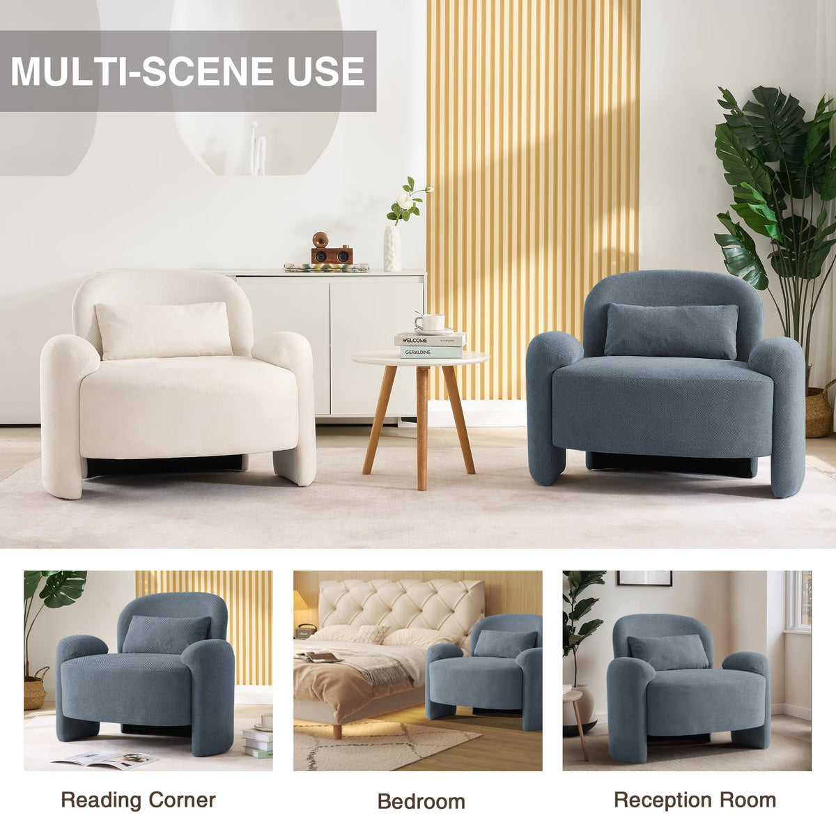 LOULENS Accent Chair Set of 2, Linen Fabric Lounge Armchair, Yellow