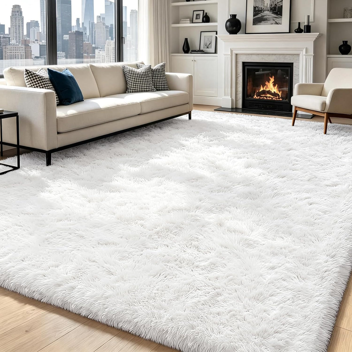 Mottled Beige 9x12 Area Rugs for Living Room, Fluffy Shag Rug Large Carpet