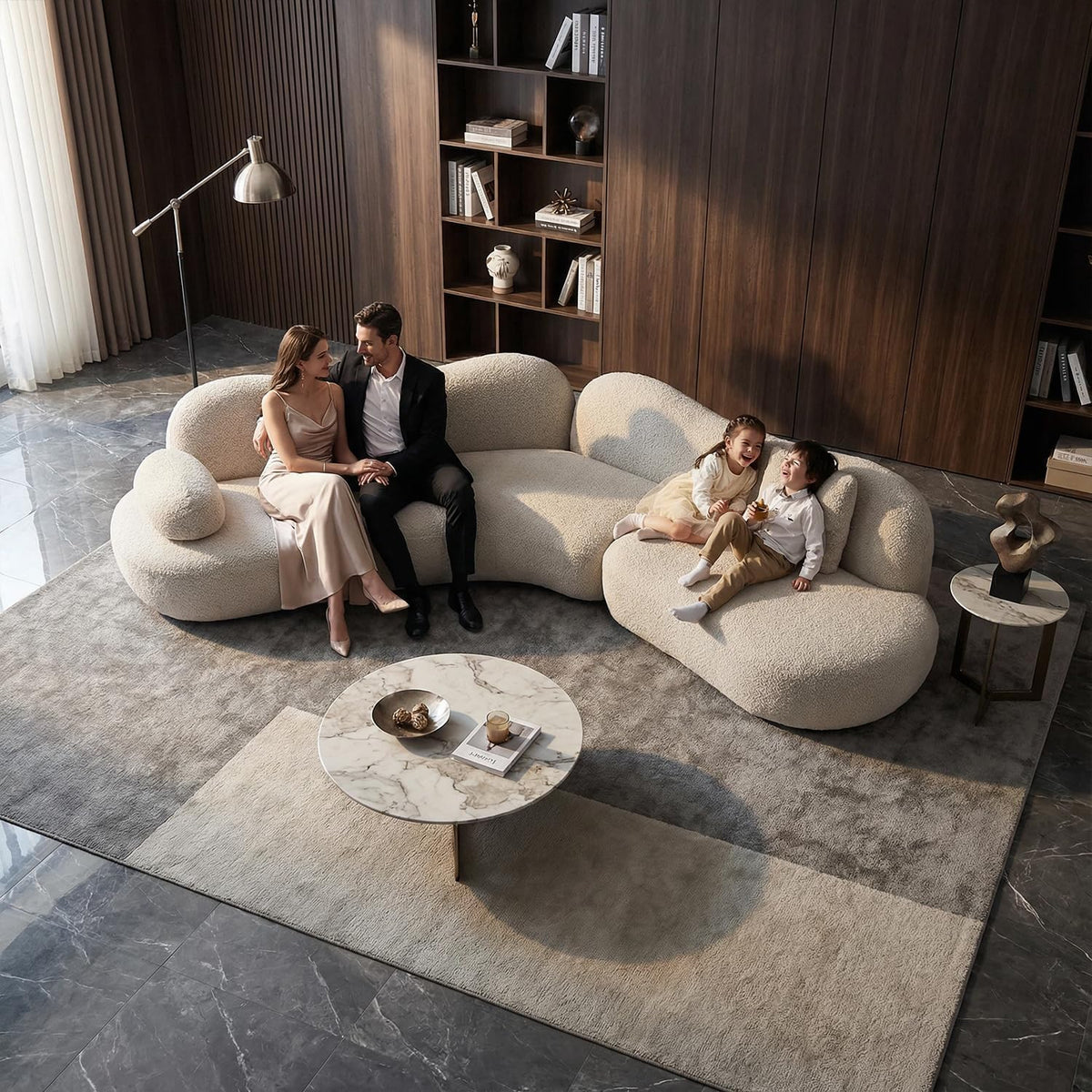 Curved Bouclé Sectional Sofa with Pillows
