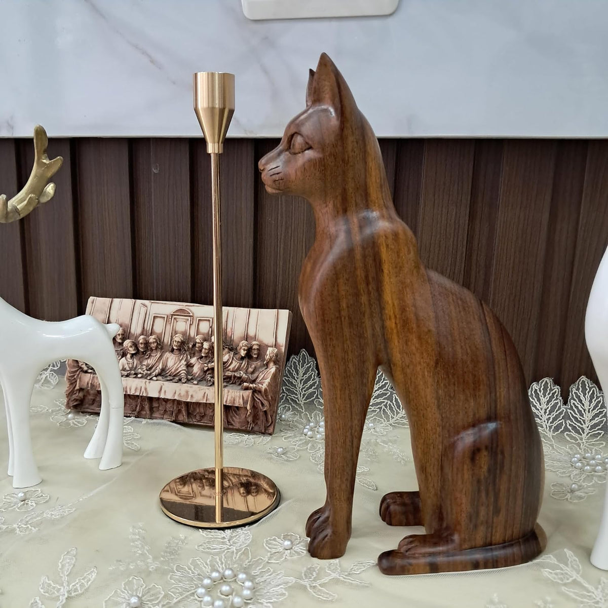 Hand-Carved Bastet Cat Sculpture