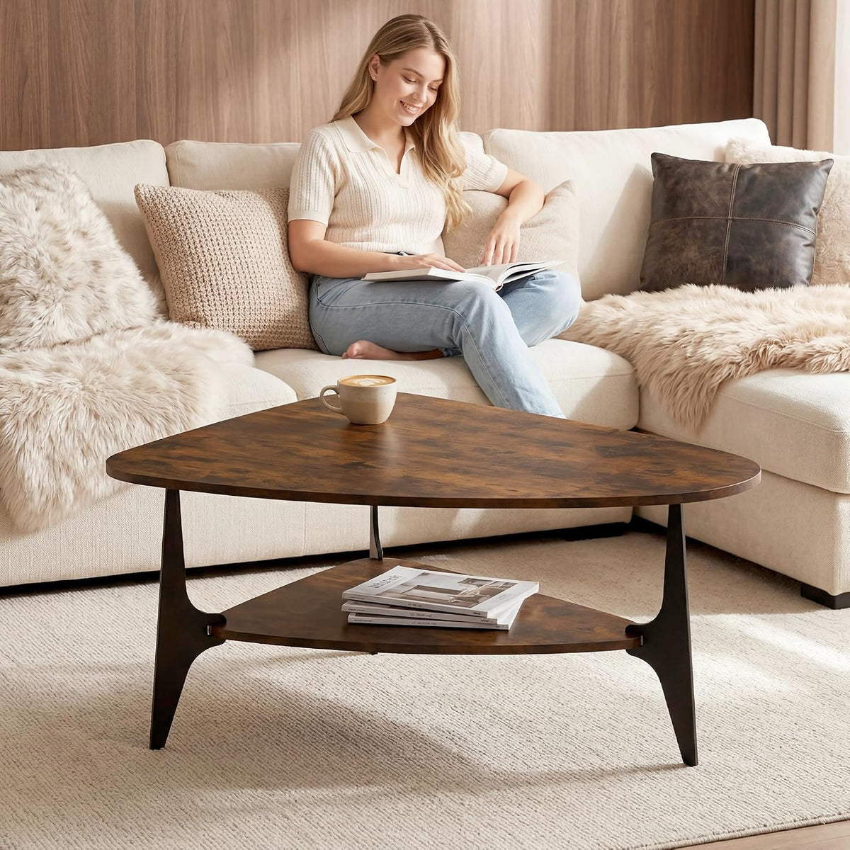 Triangle Coffee Table with Storage Shelf