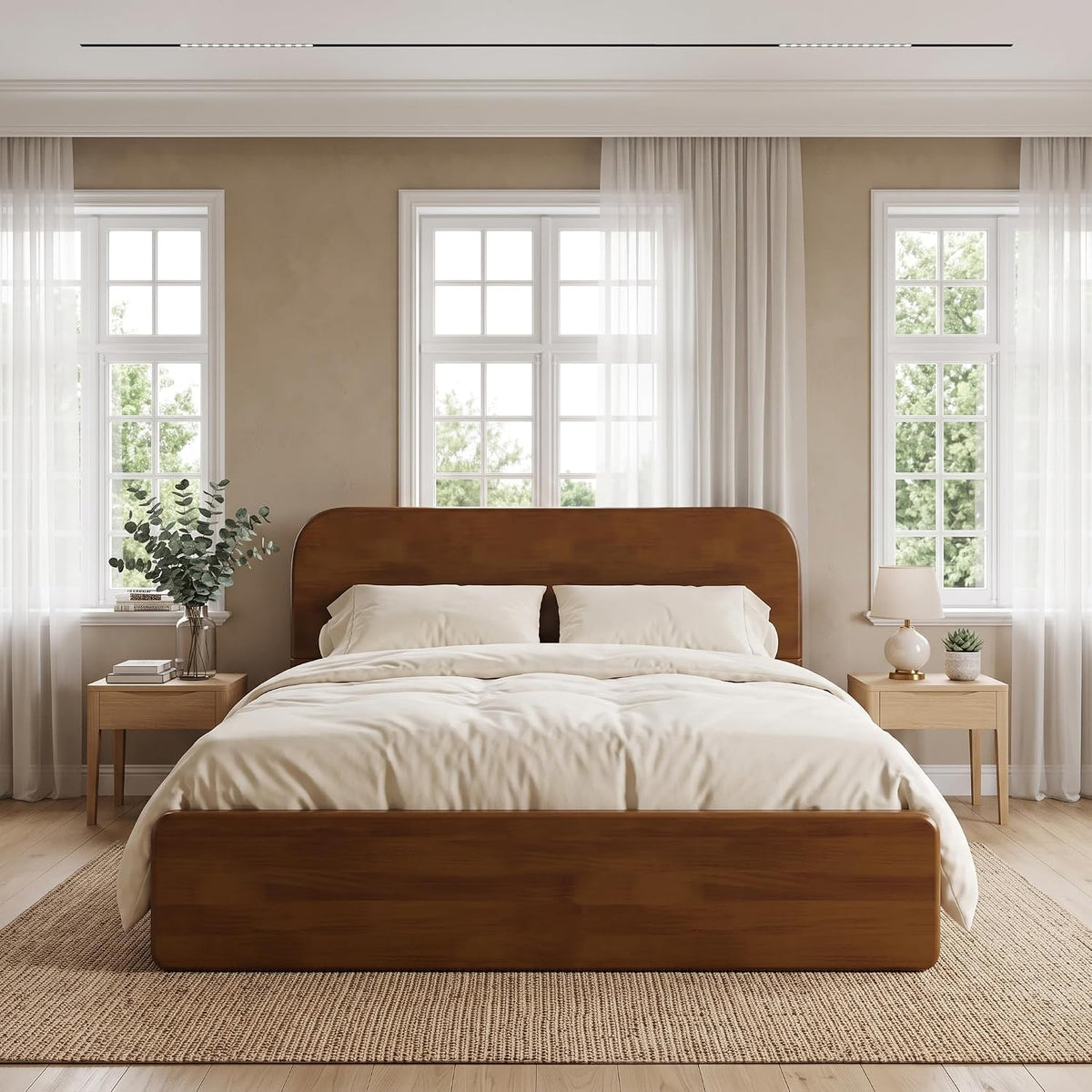 Merax Queen Platform Bed Frame with Rounded Headboard, Brown