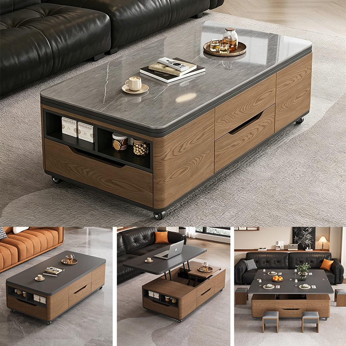 3‑in‑1 Lift‑Top Coffee‑Table with Storage Drawers & Rolling Casters