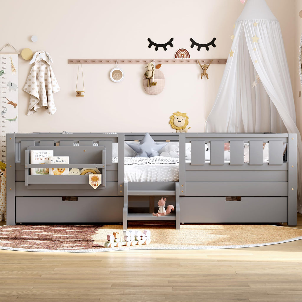 Montessori Bed with Stairs, Bookshelf & Storage Drawers