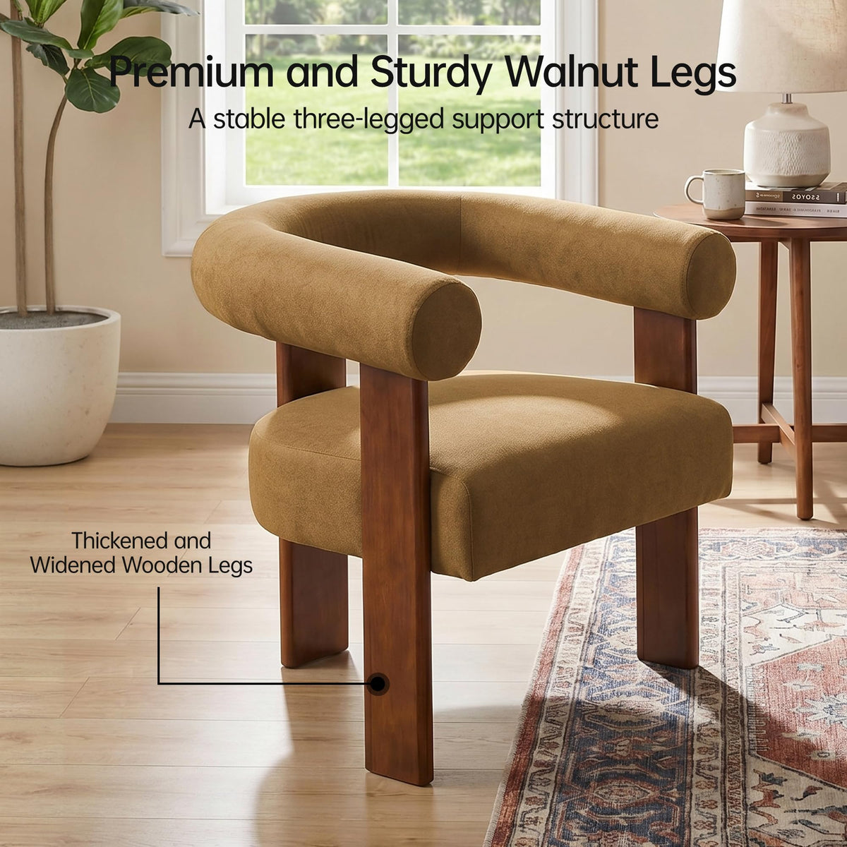 Usaint Upholstered Barrel Accent Chair with Walnut Wood Legs and Armrests