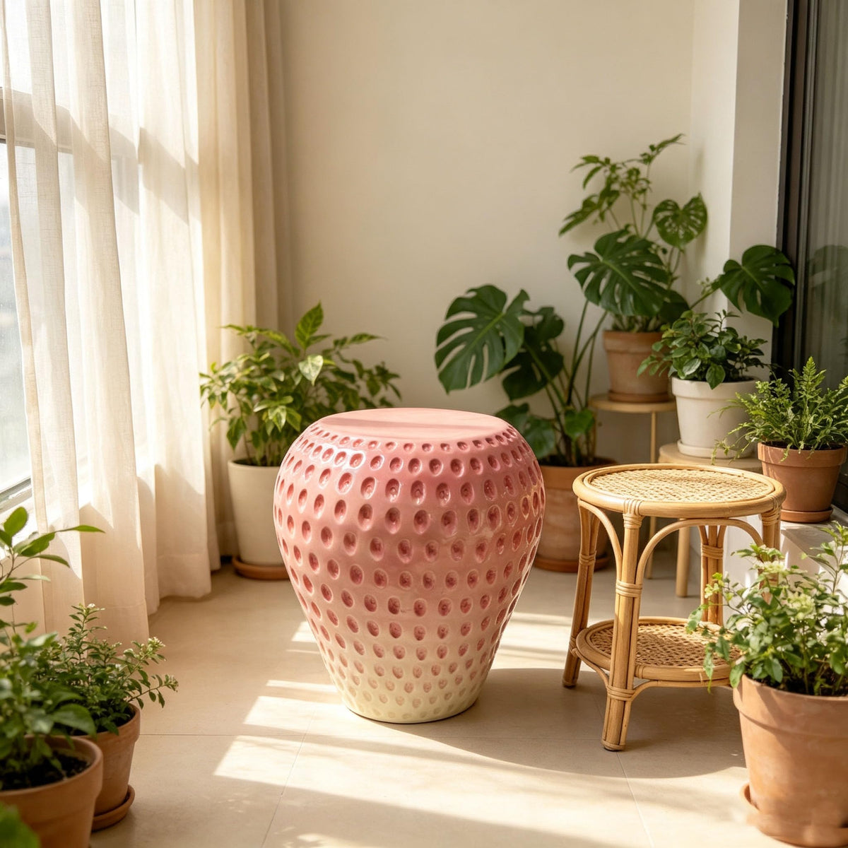 13.4" Cute Pig Side Table w/ Watermelon Top, Resin Plant Stand, Pink+Red