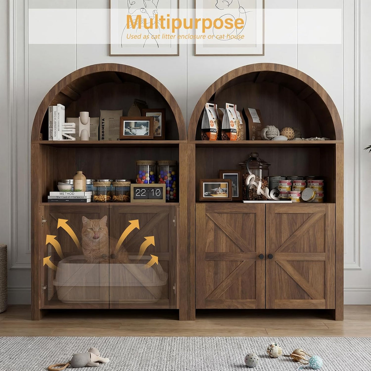 Cat Litter Box Enclosure Furniture with Doors and 2 Open Cubby Large Hidden Litter Box Cabinet Modern Wood Cat Washroom Pet House for Living Room Bedroom Entryway Hallway