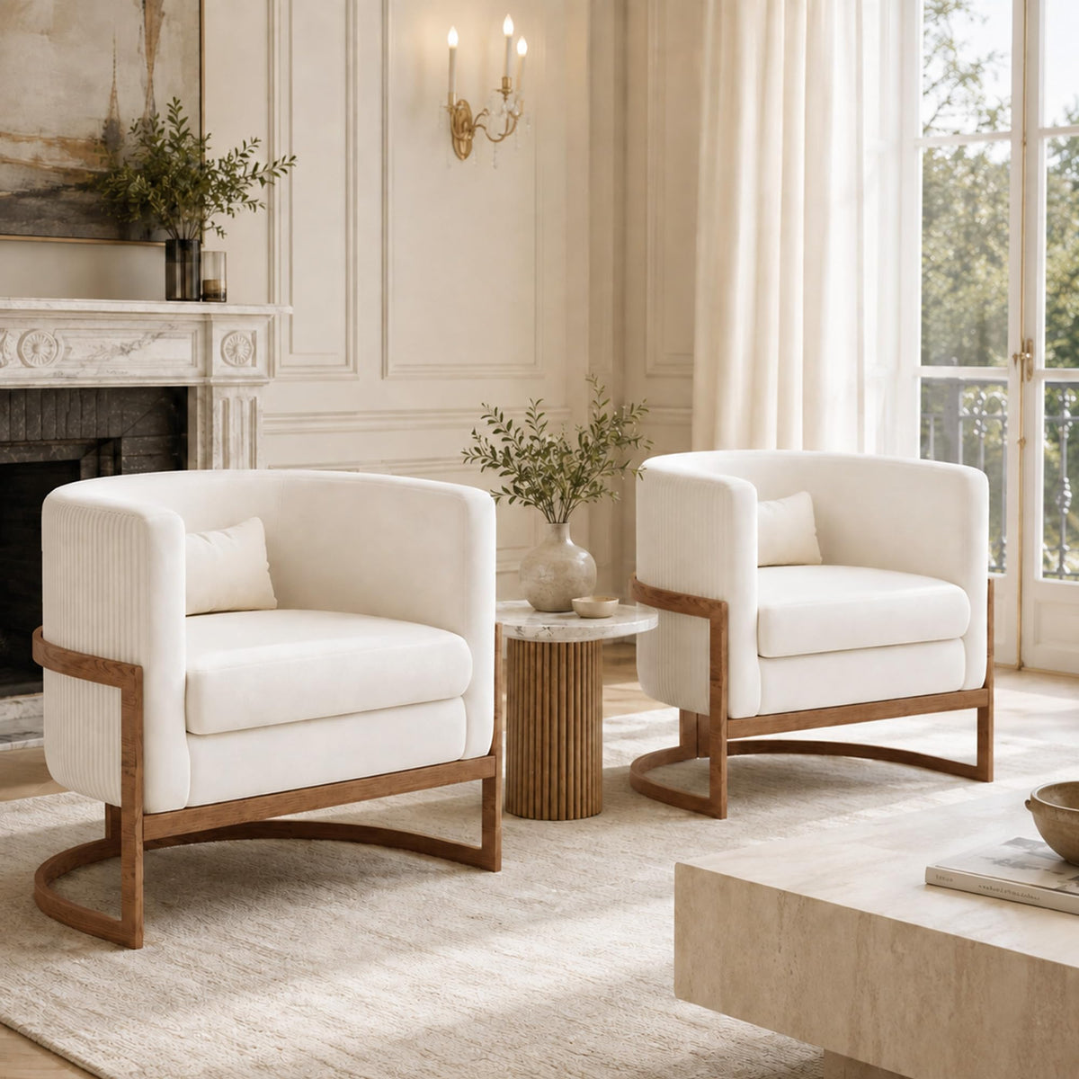Velvet Accent Chair Ivory Modern Barrel Chair with Gold Legs