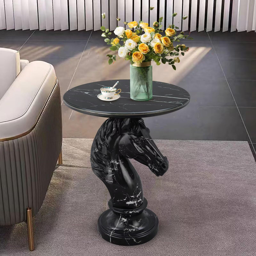 Modern End Table Living Room Black Horse Statue Base Faux Marble Night Stand 20"