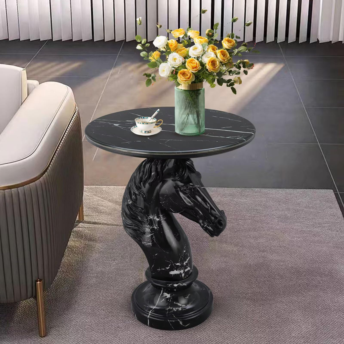 Modern End Table Living Room Black Horse Statue Base Faux Marble Night Stand 20"