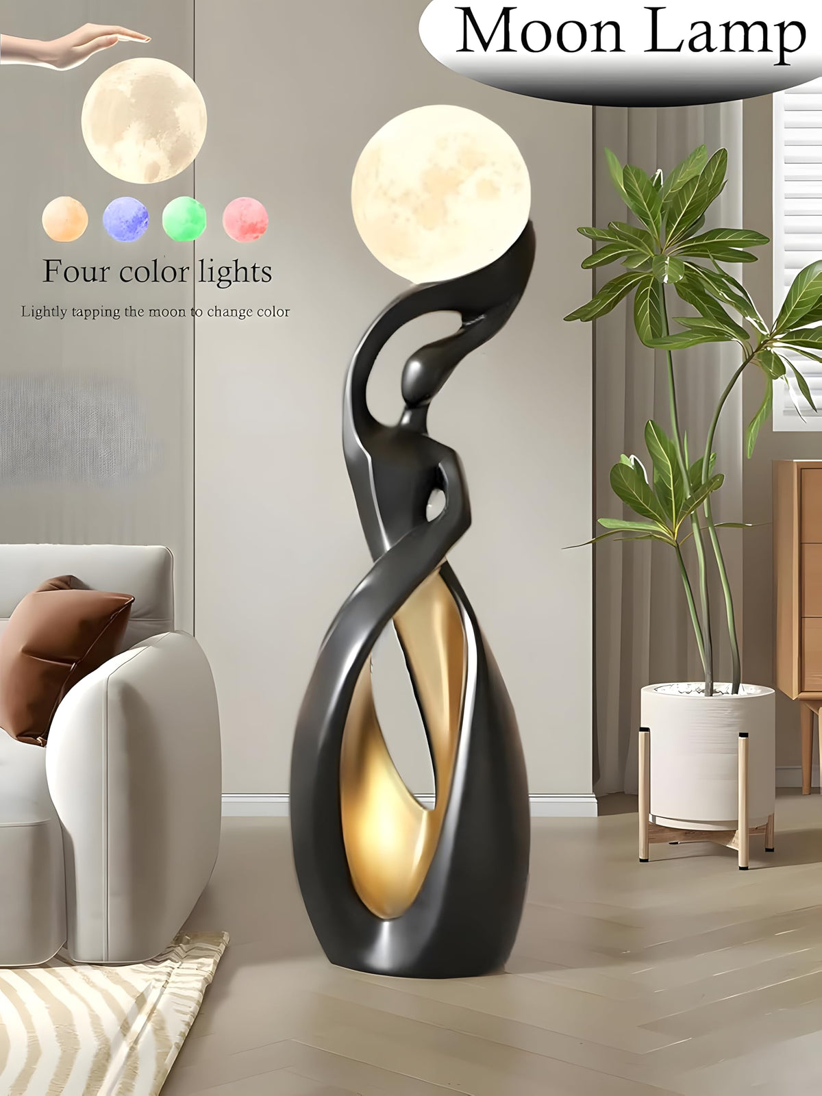 Modern Floor Lamp, Black Floor Lamps, Bedside Lamp with 3D Moon Lights