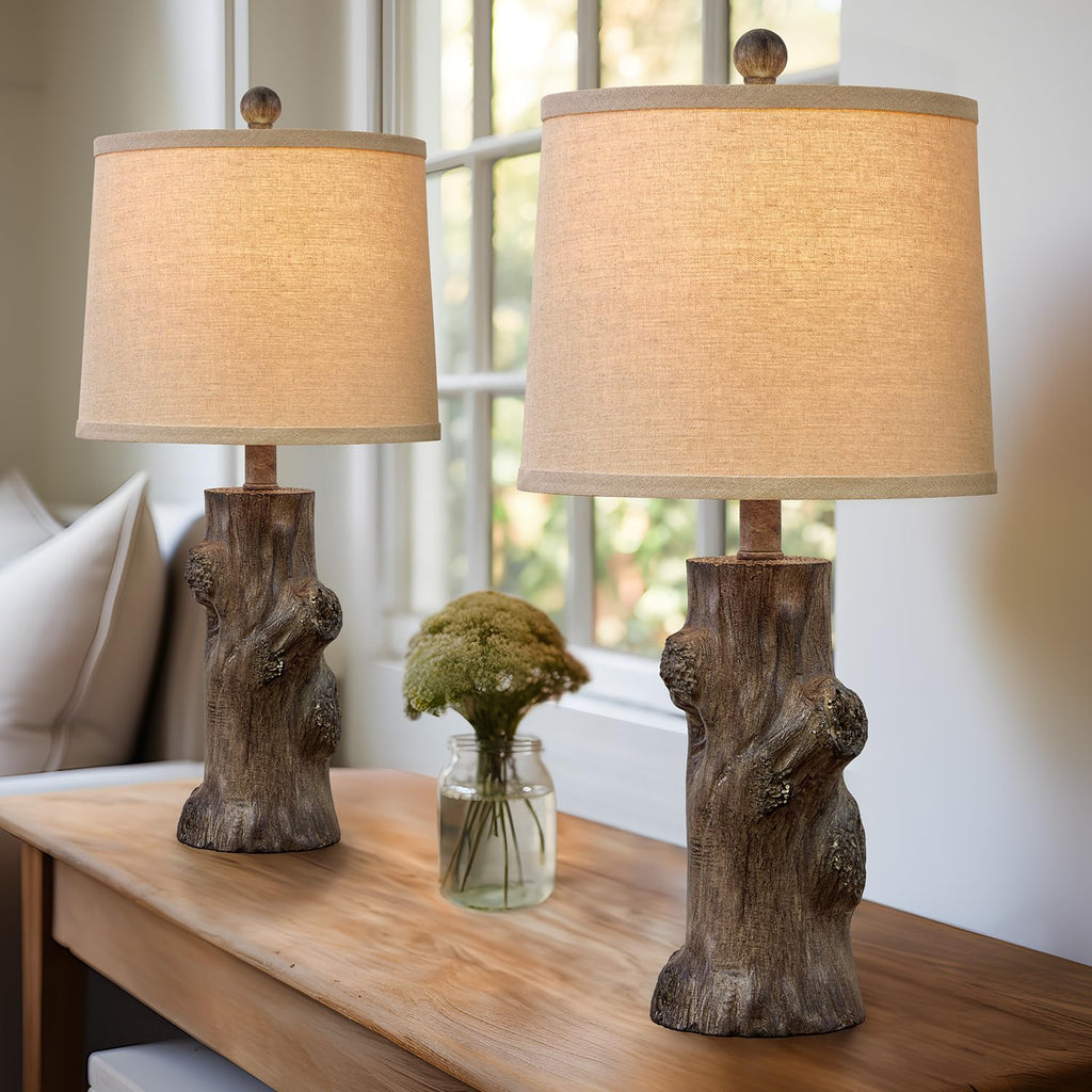 Rustic Tree-Trunk Table Lamp with Oatmeal Shade