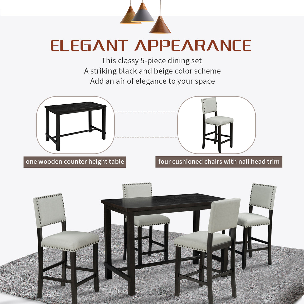 Espresso & Beige Counter-Height Dining Set